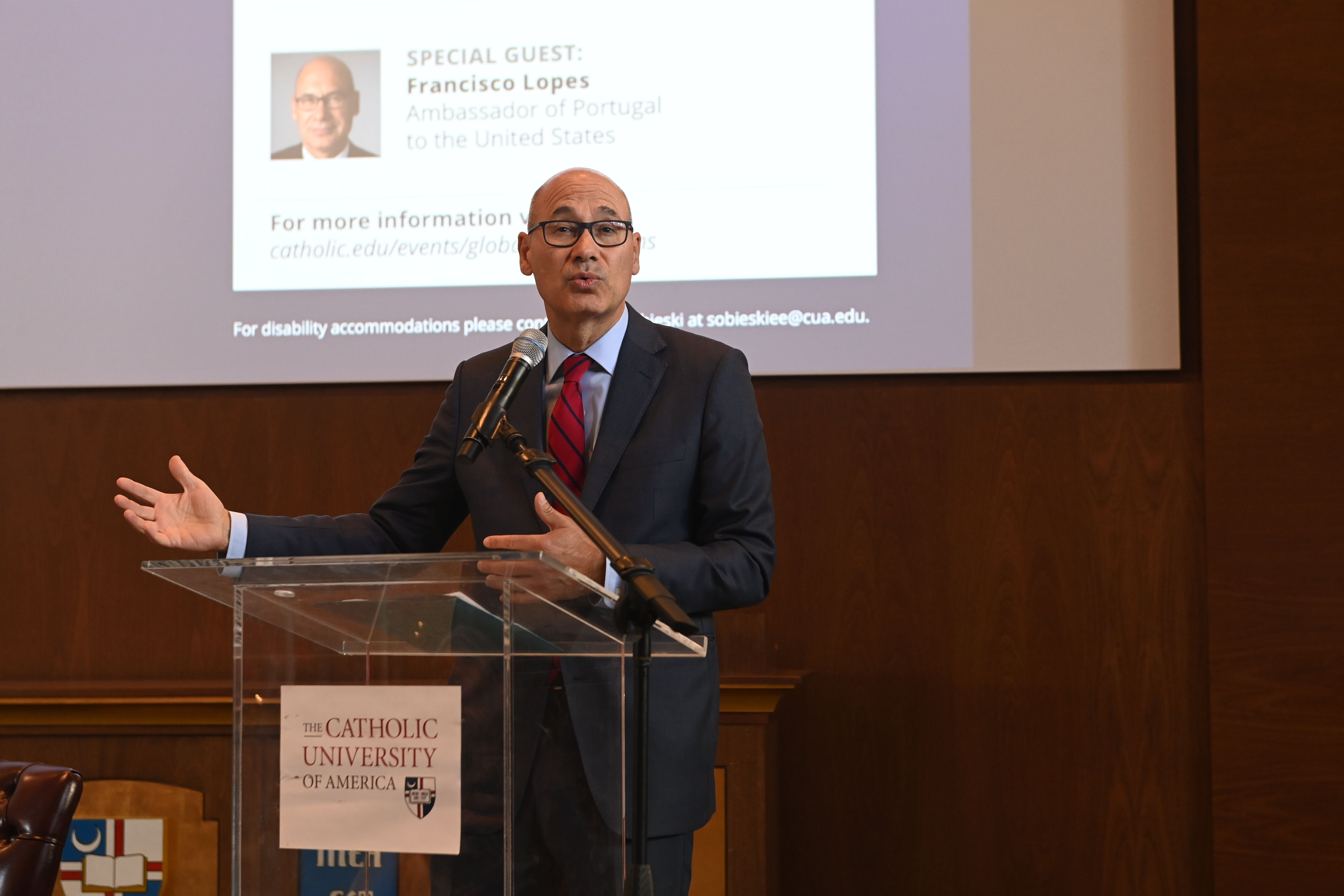 The Hon. Francisco Lopes, Portugal’s ambassador to the United States, speaks at The Catholic University of America about efforts to expand renewable energy initiatives in the world April 12. 