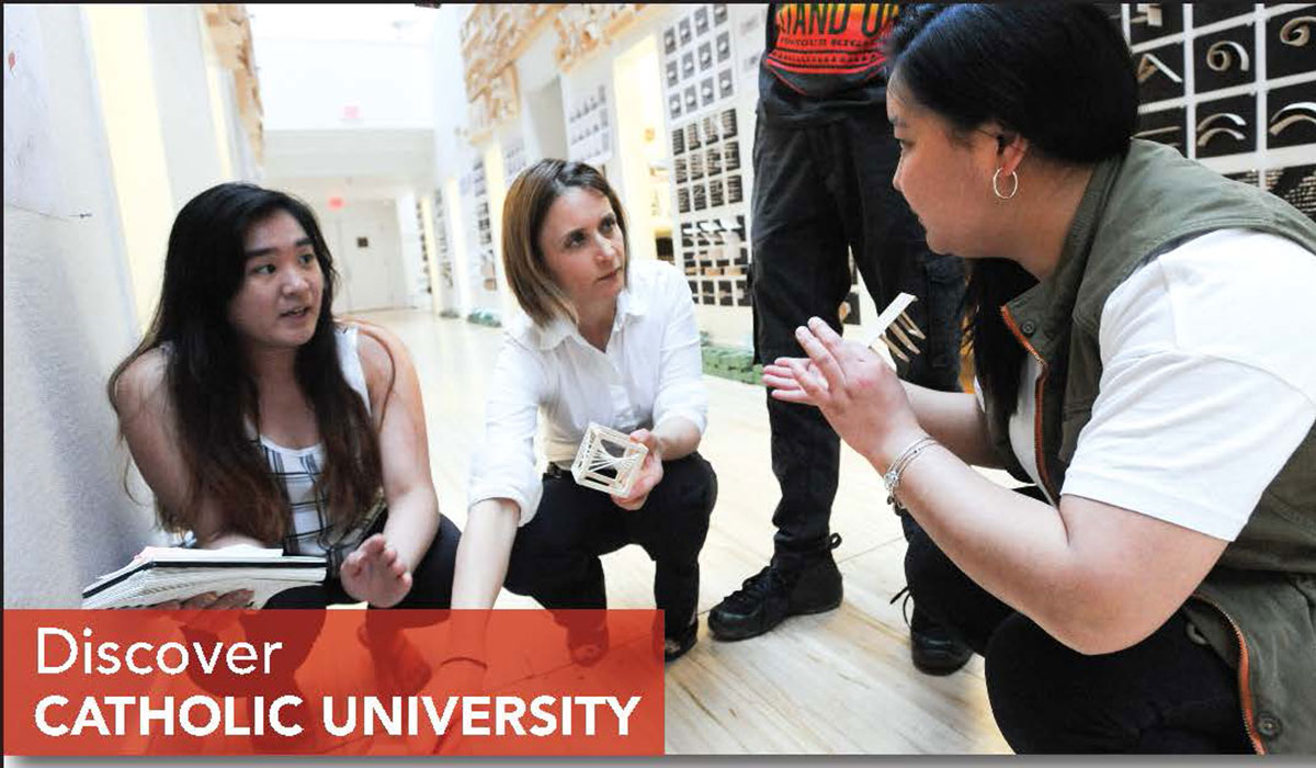 Architecture students and professor in Discover Catholic University ad
