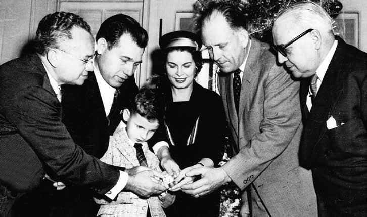 The Swiss ambassador, Gale Brown, Johnny Wilkinson, Johnny’s mother, Johnny’s father, and an unidentified man. The ambassador had just presented Johnny with a Braille watch, the latest Swiss technology at that time, in recognition of his academic achievement (circa 1957).