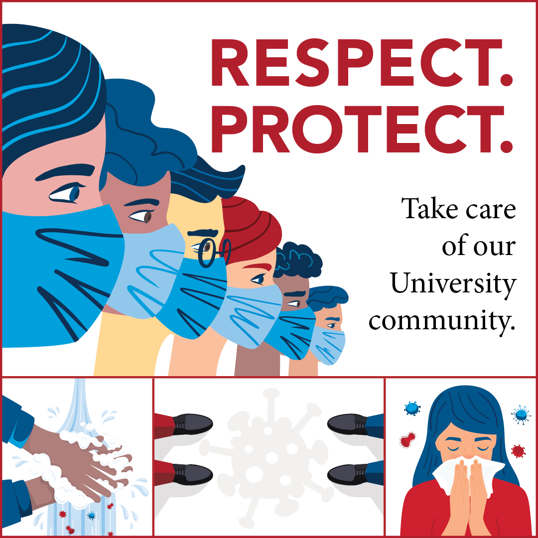 Flyer that depicts people wearing masks, washing hands, social distancing, and using a tissue.
