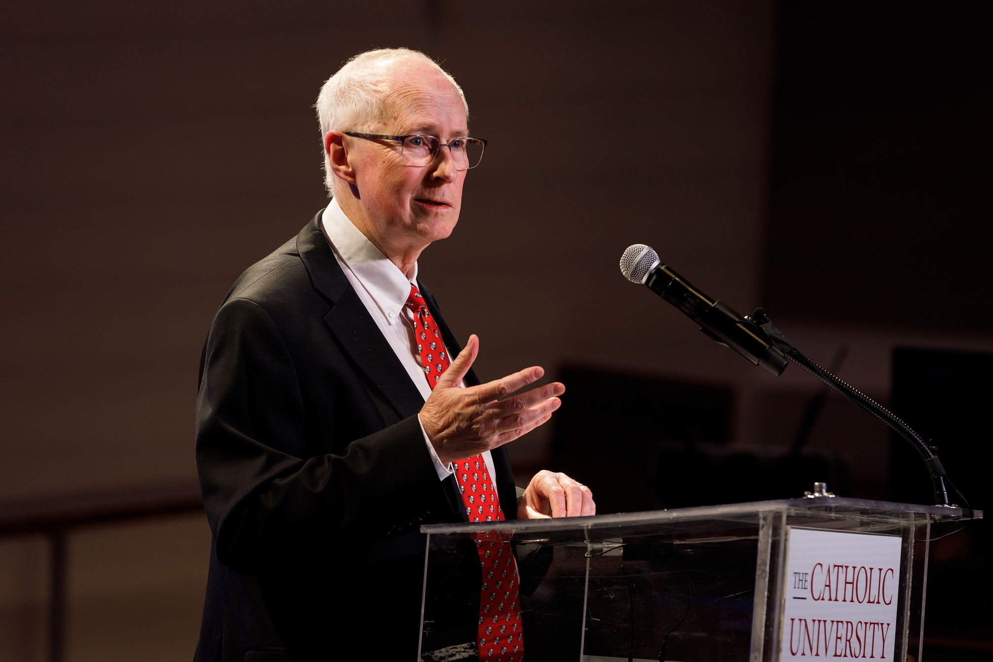 David Walsh, professor of politics and a leading philosophical scholar at the Catholic University of America for 40 years, presents a public lecture at a conference held in his honor March 13 in Maloney Hall. 