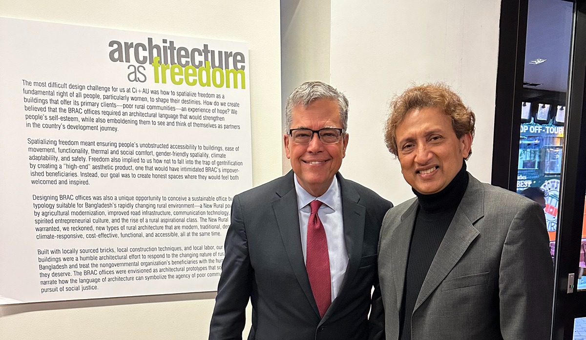 University President Peter Kilpatrick and Architecture Professor Adnan Morshed pose for a photo at the “Architecture as Freedom” Oct. 18 exhibit opening. (Courtesy: Jay Mallin)