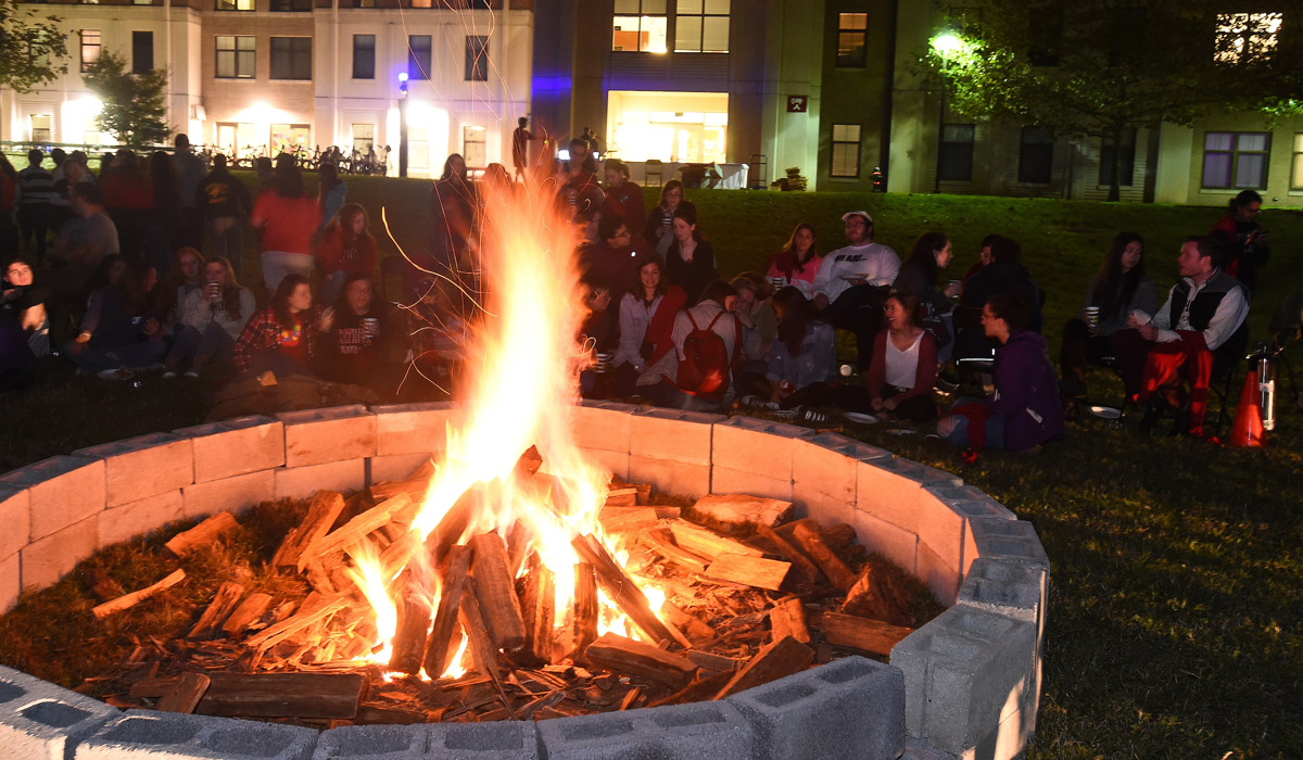 Bonfire in front of Opus Hall