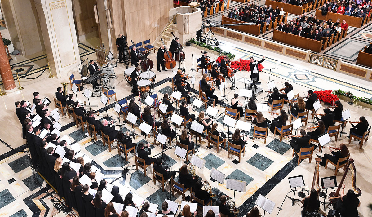 Overhead view of orchestra playing