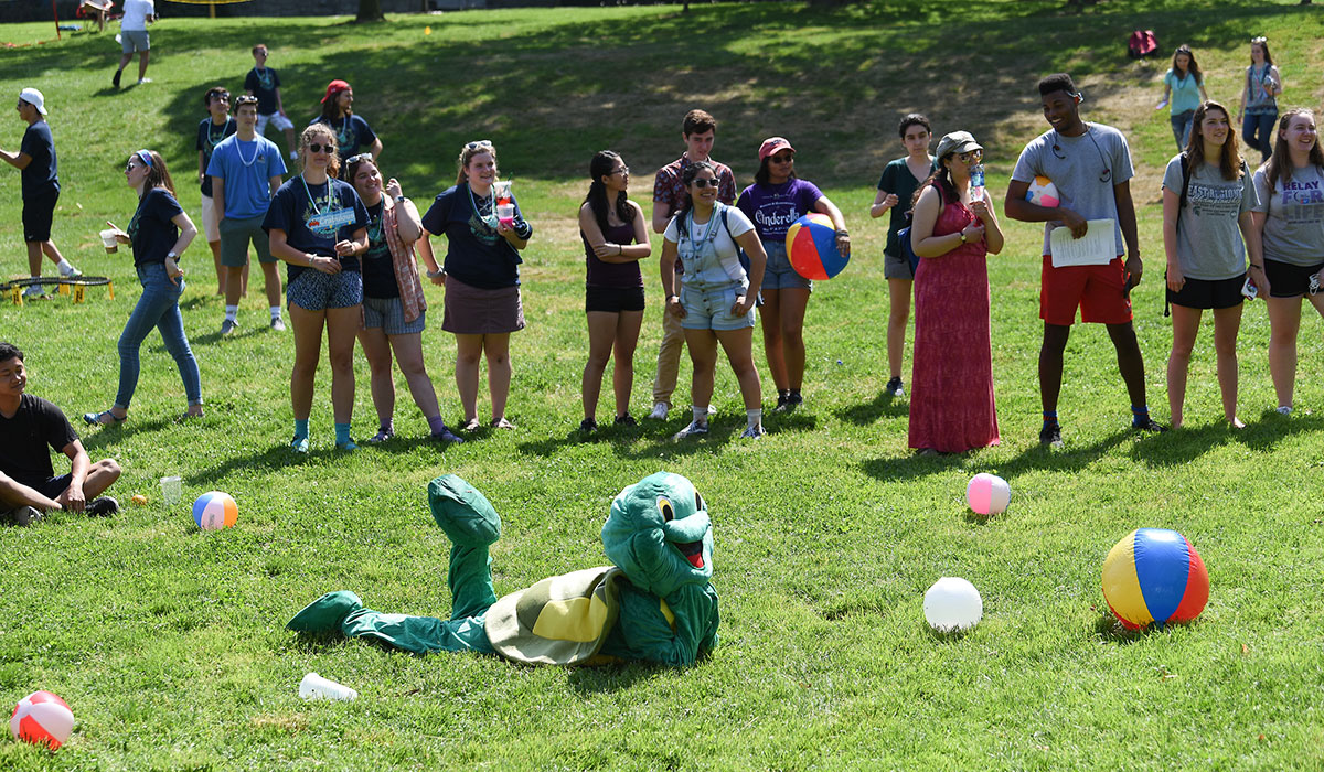 Student dressed as turtle lounging on ground