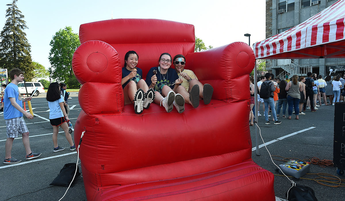 Students sitting in inflatable chair