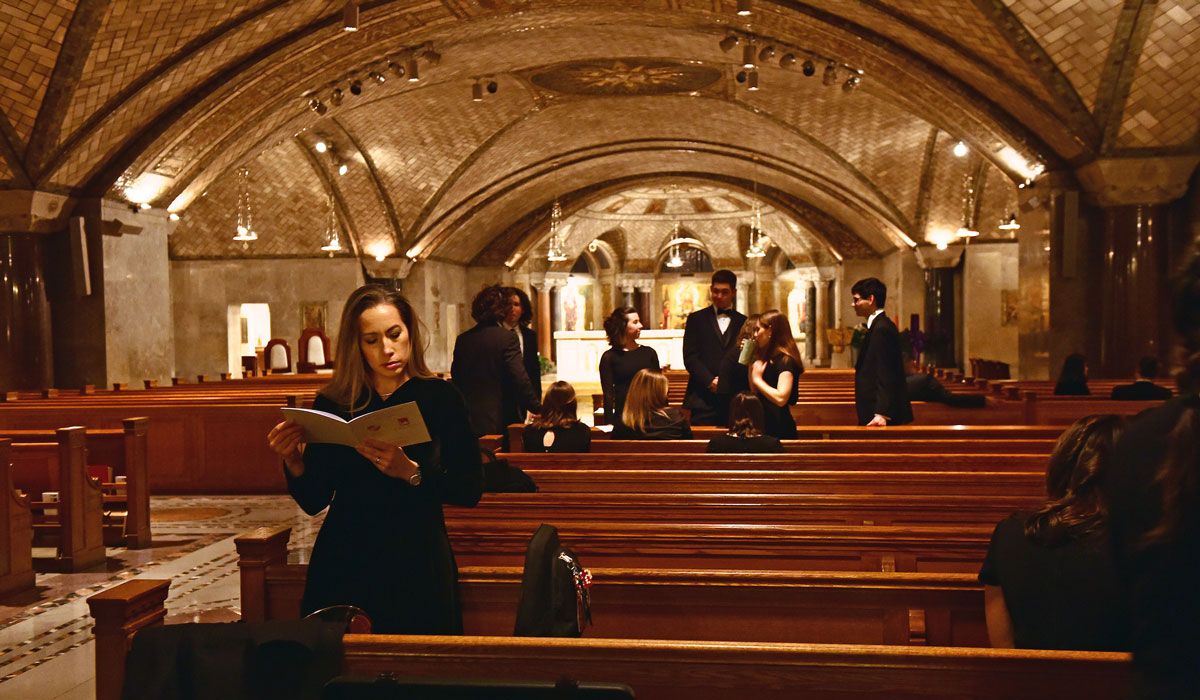 Female musician getting ready in Crypt Church