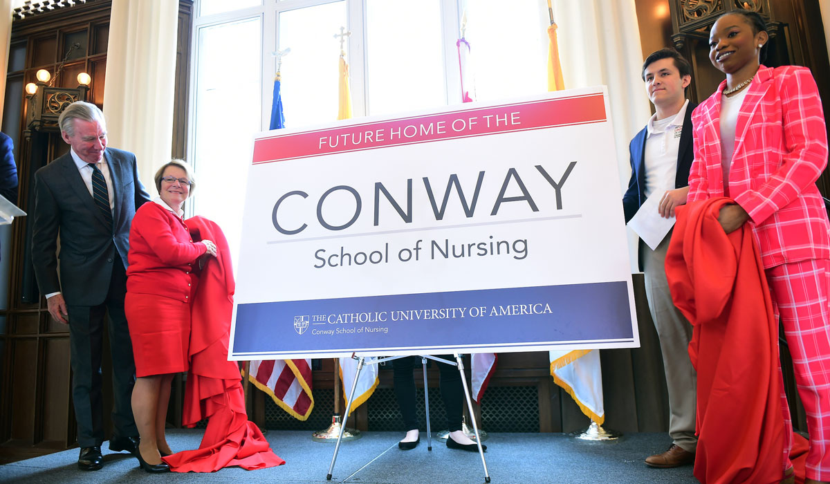 Conway sign unveiled by President John Garvey, Dean Patricia McMullen and former Conway scholars