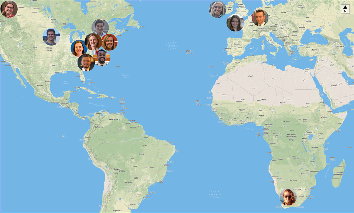 World map showing internship locations