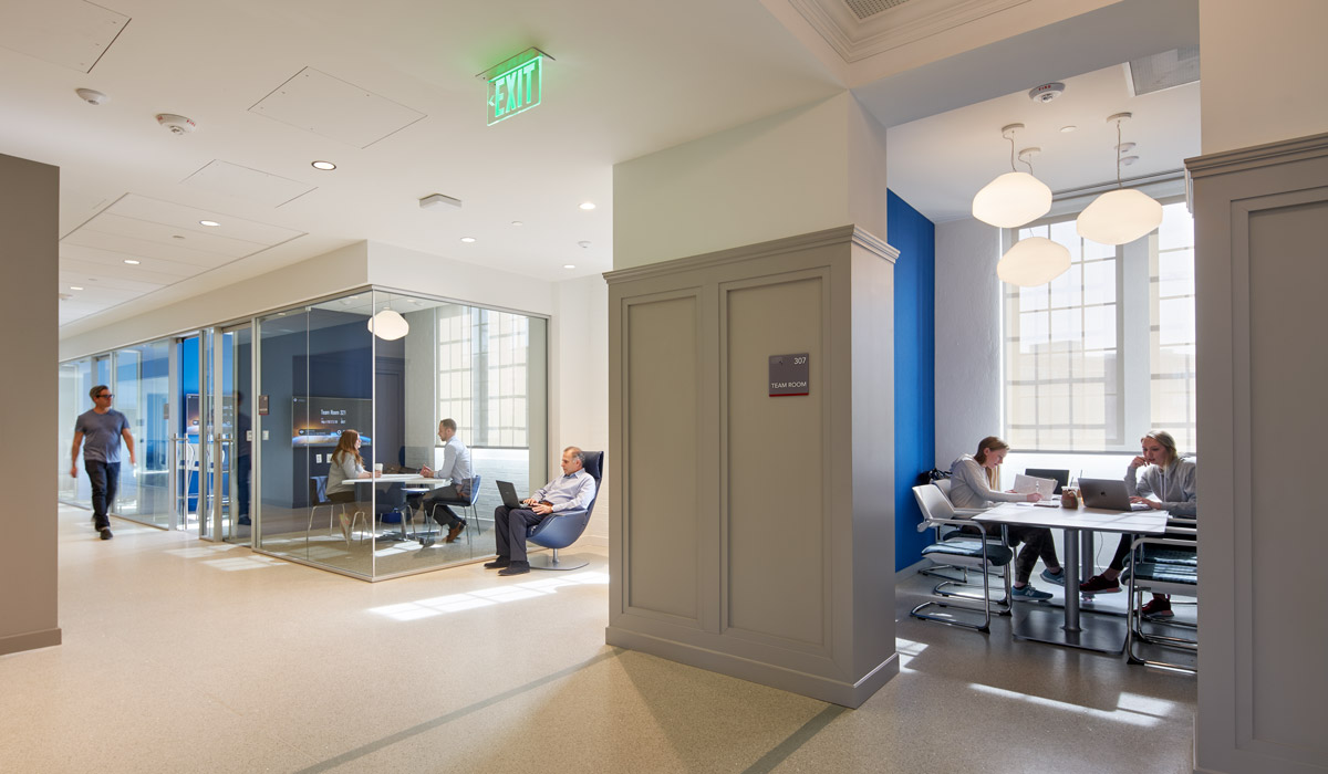 Students and faculty using varied spaces for meetings