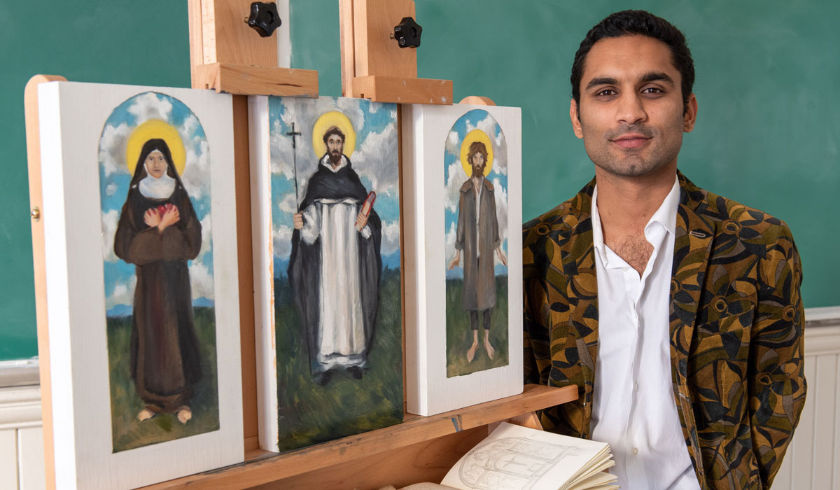 Student with religious paintings