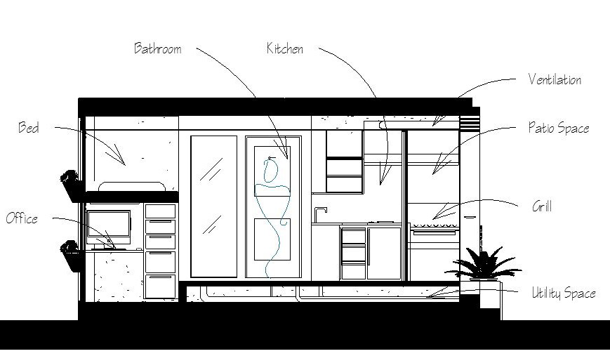 A sideview drawing of Guillen's design including a bed, office, bathroom, kitchen, ventilation, patio space, grill and utility space. 