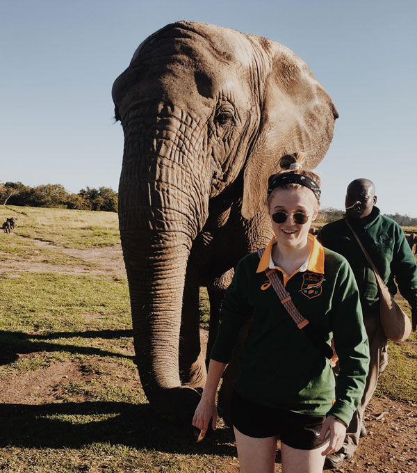 Sarah Campbell in South Africa with elephant