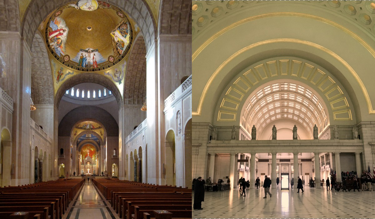 Side by side photo if interiors of Basilica of the National Shrine of the Immaculate Conception and Union Station