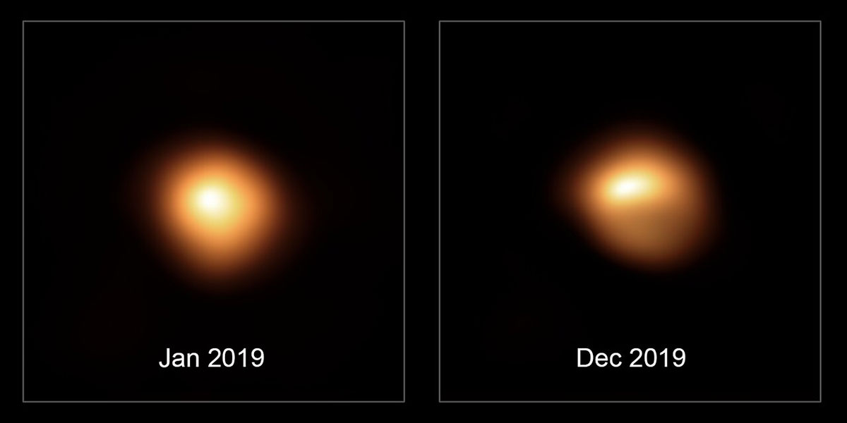 Side-by-side image of Betelgeuse in January 2019 and December 2019. The image shows a dimming of the star.