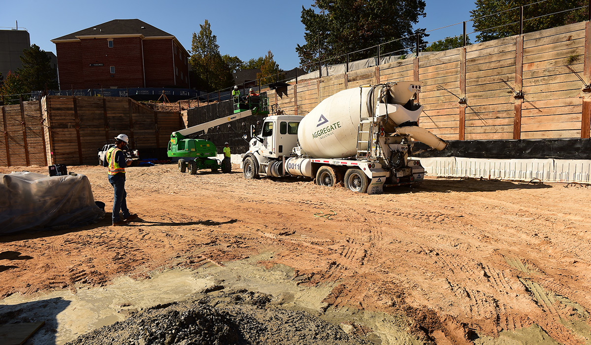 A cement truck on construction site