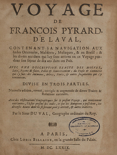 Title page of Voyage de François Pyrard, de Laval, contenant sa navigation aux Indes orientales, Maldives, Moluques, and au Bresil