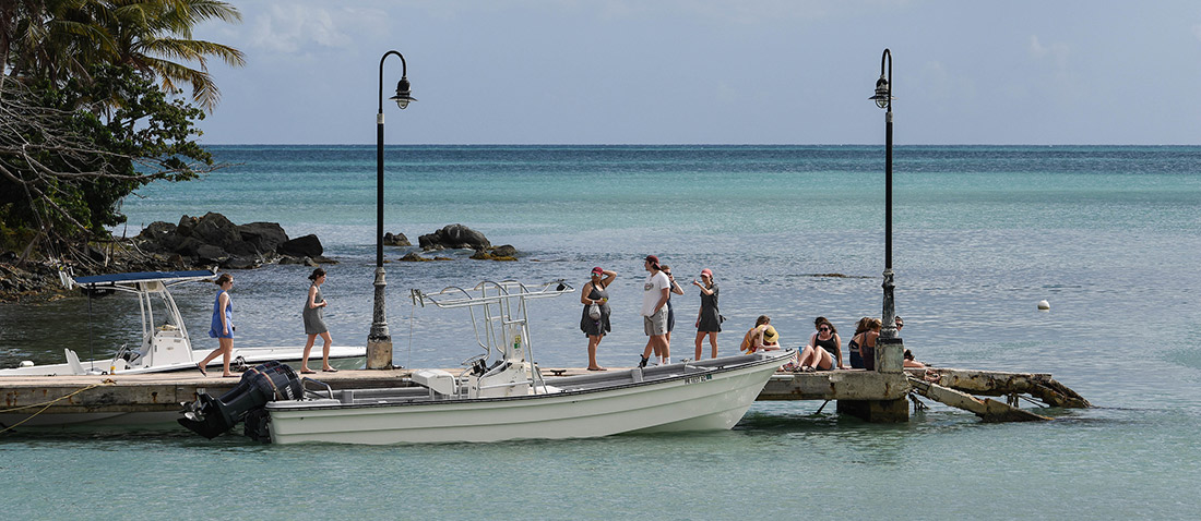 Students spending time on a dock in Puerto Rico