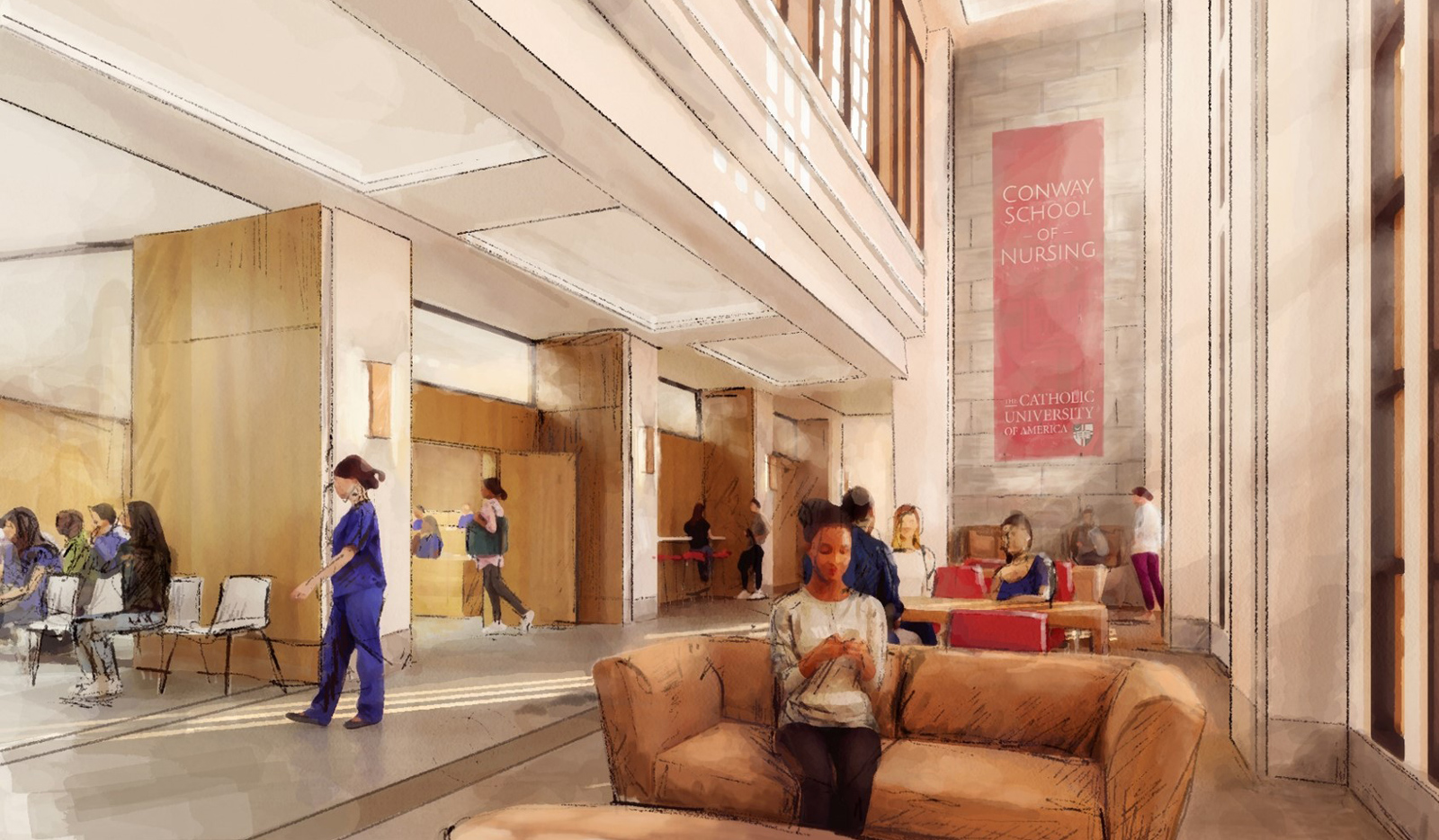 Interior rendering of common space in the planned nursing-science building