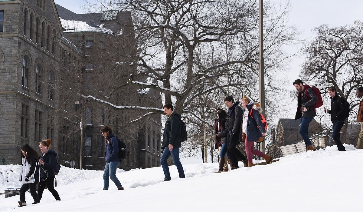 students walking to class in the snow