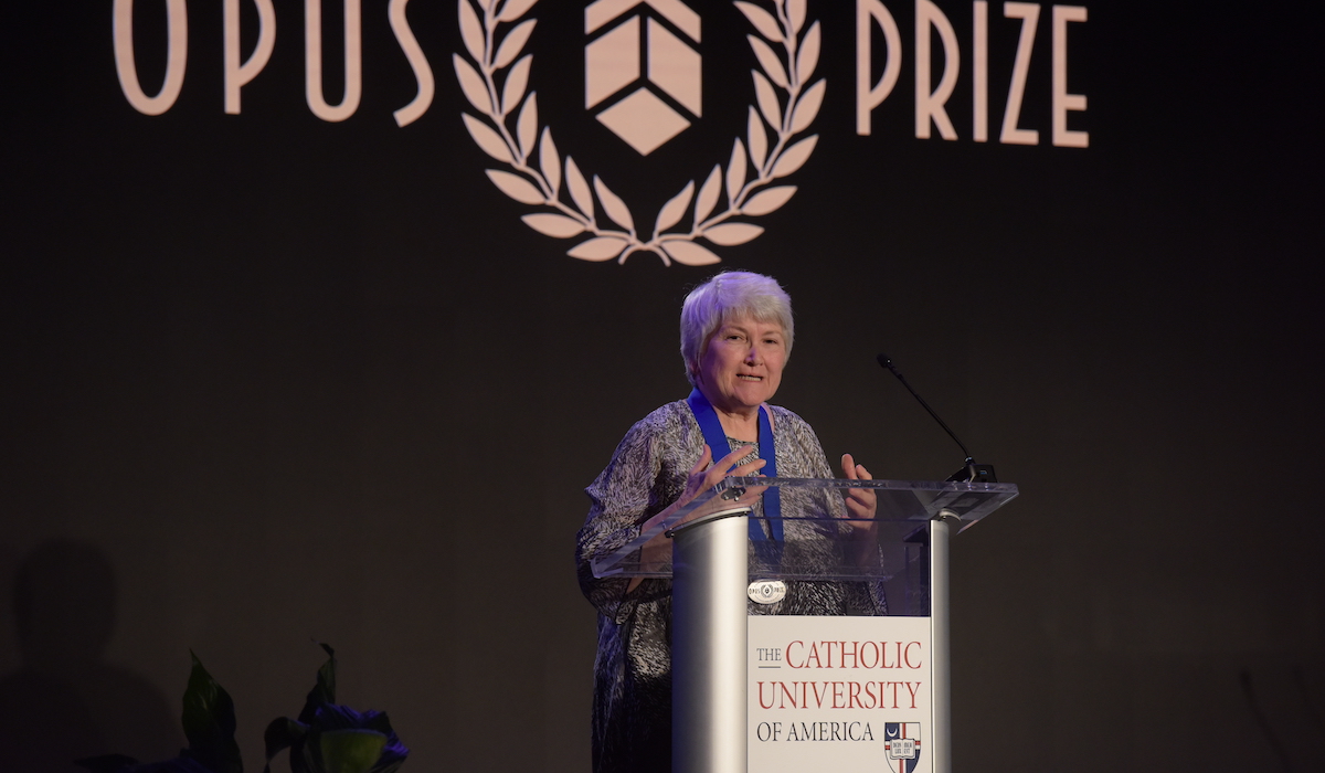 Sr. Annie Credidio, BVM thanks the Opus Prize for providing the means to continue the ministry of Damien House