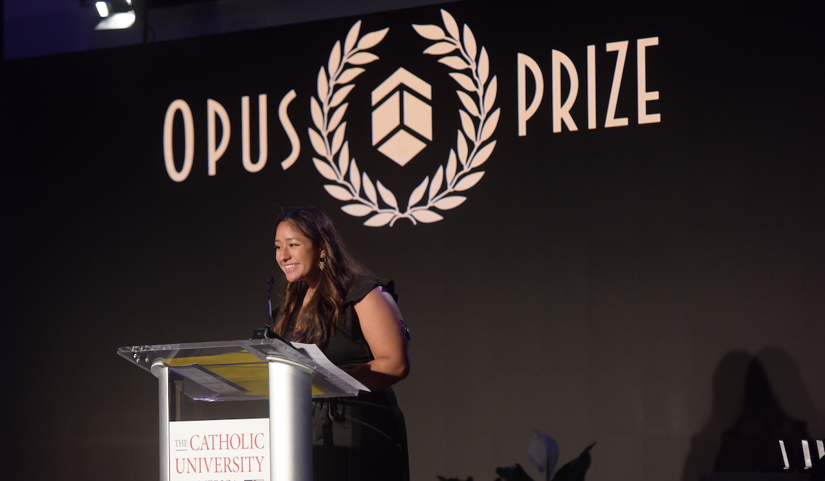 Opus Prize University student ambassador speaks at the awards ceremony 