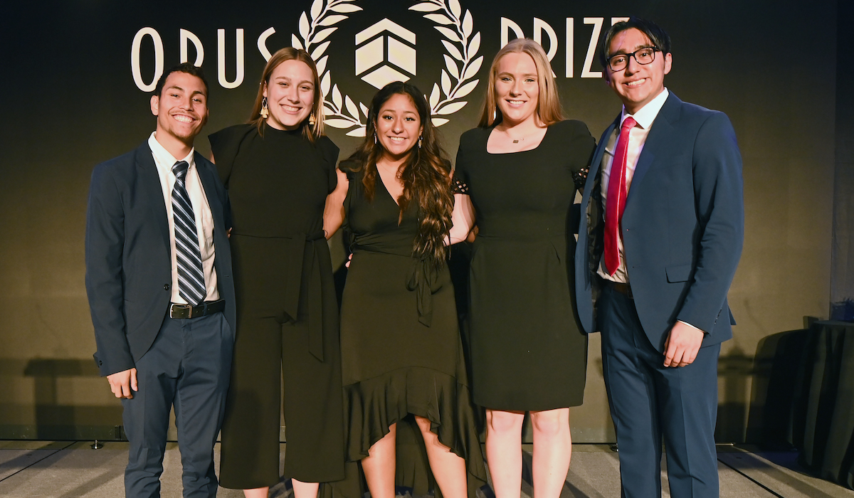 Opus Prize University student ambassadors Colin Agostisi, Molly Mullin, Darby Drake, Jamie Besendorfer, and Opus Prize student committee member Luis Garcia Abundis (from left to right) 