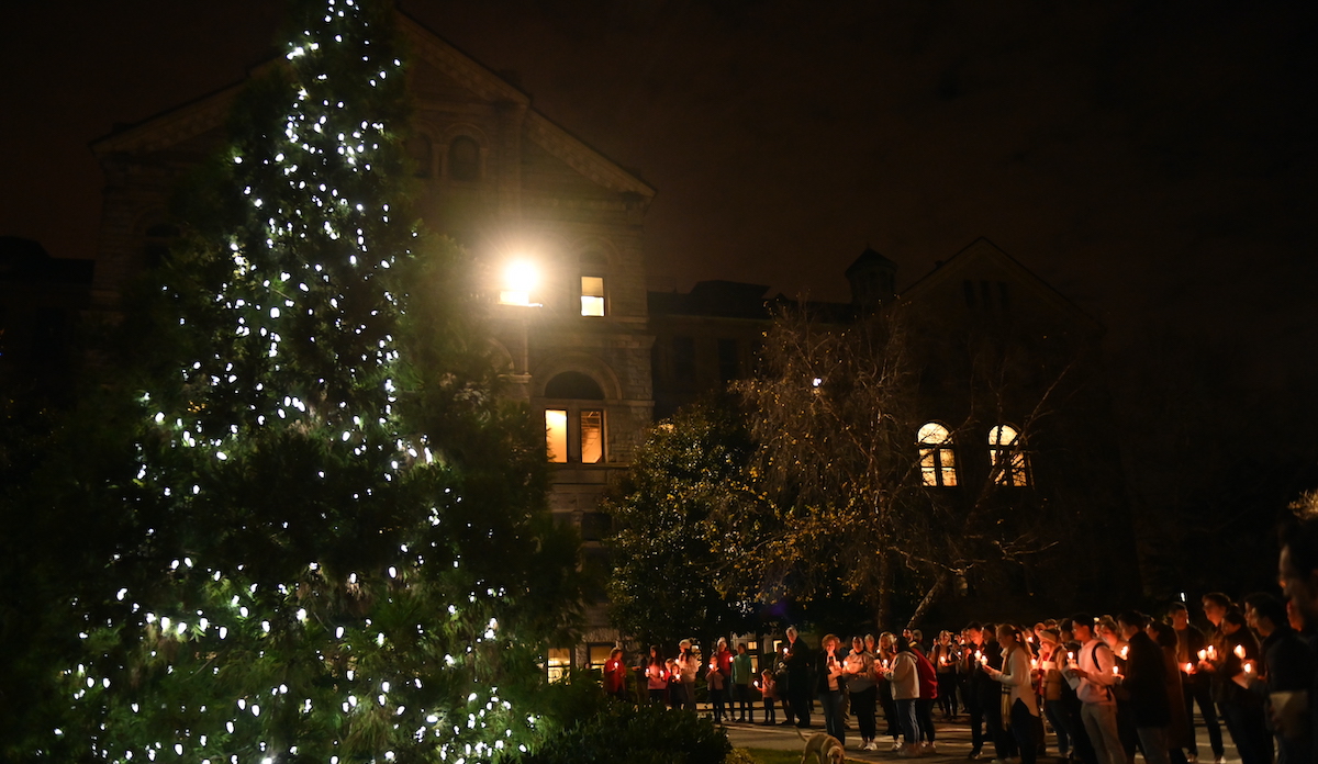 Christmas tree in front of McMahon Hall