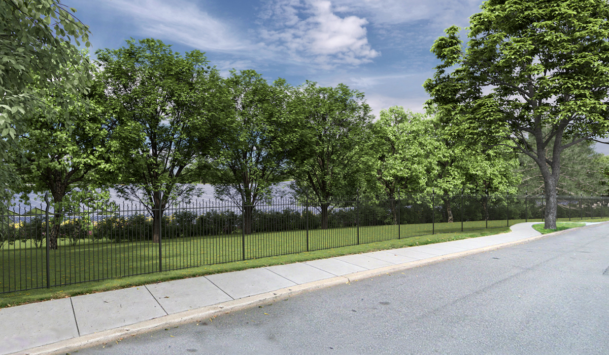 rendering of the west campus solar array behind some trees