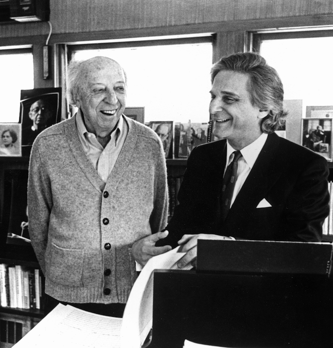 Aaron Copland and Murry Sidlin together in an office in 1987
