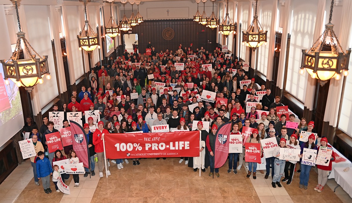 Catholic University students at a rally hosted on campus before the March for Life
