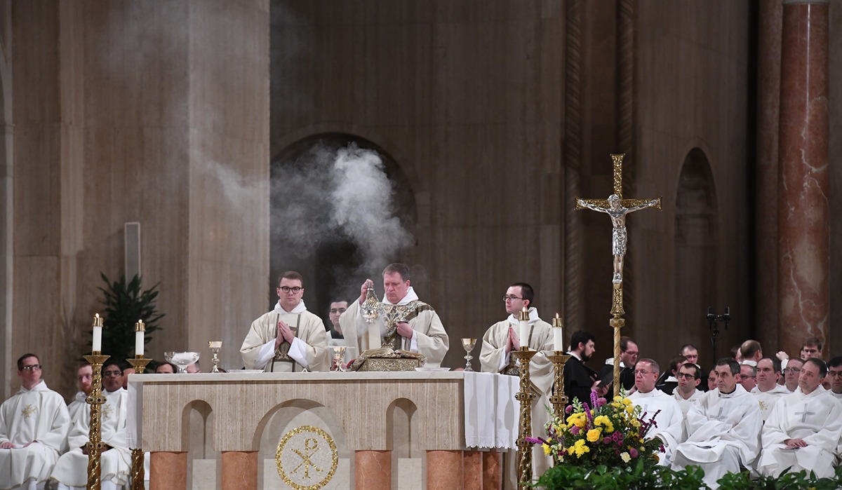 Priest incensing the altar at Mass of St. Thomas Aquinas