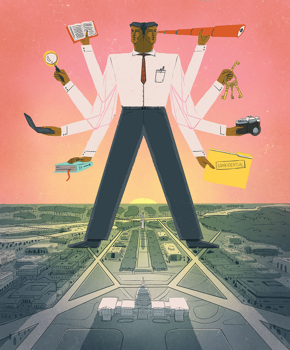 Artistic depiction of a man standing over D.C. and holding various spy tools