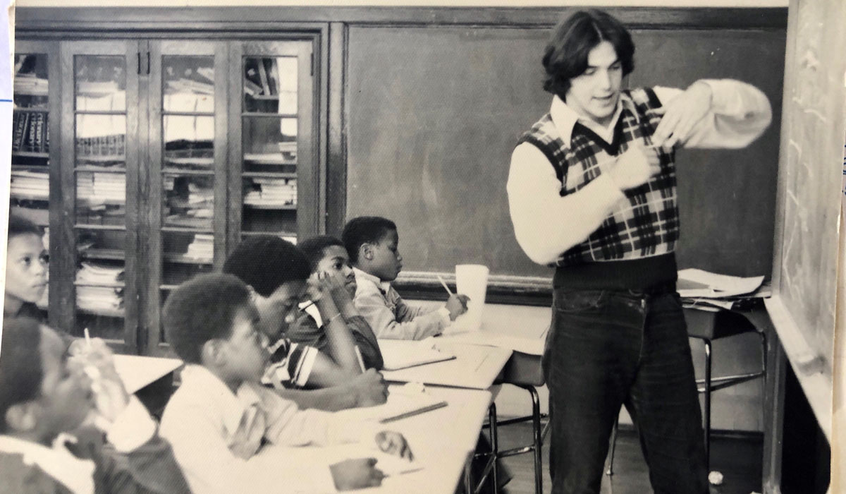 Tim Lisante illustrates a point during his student teaching days in the 1970s.