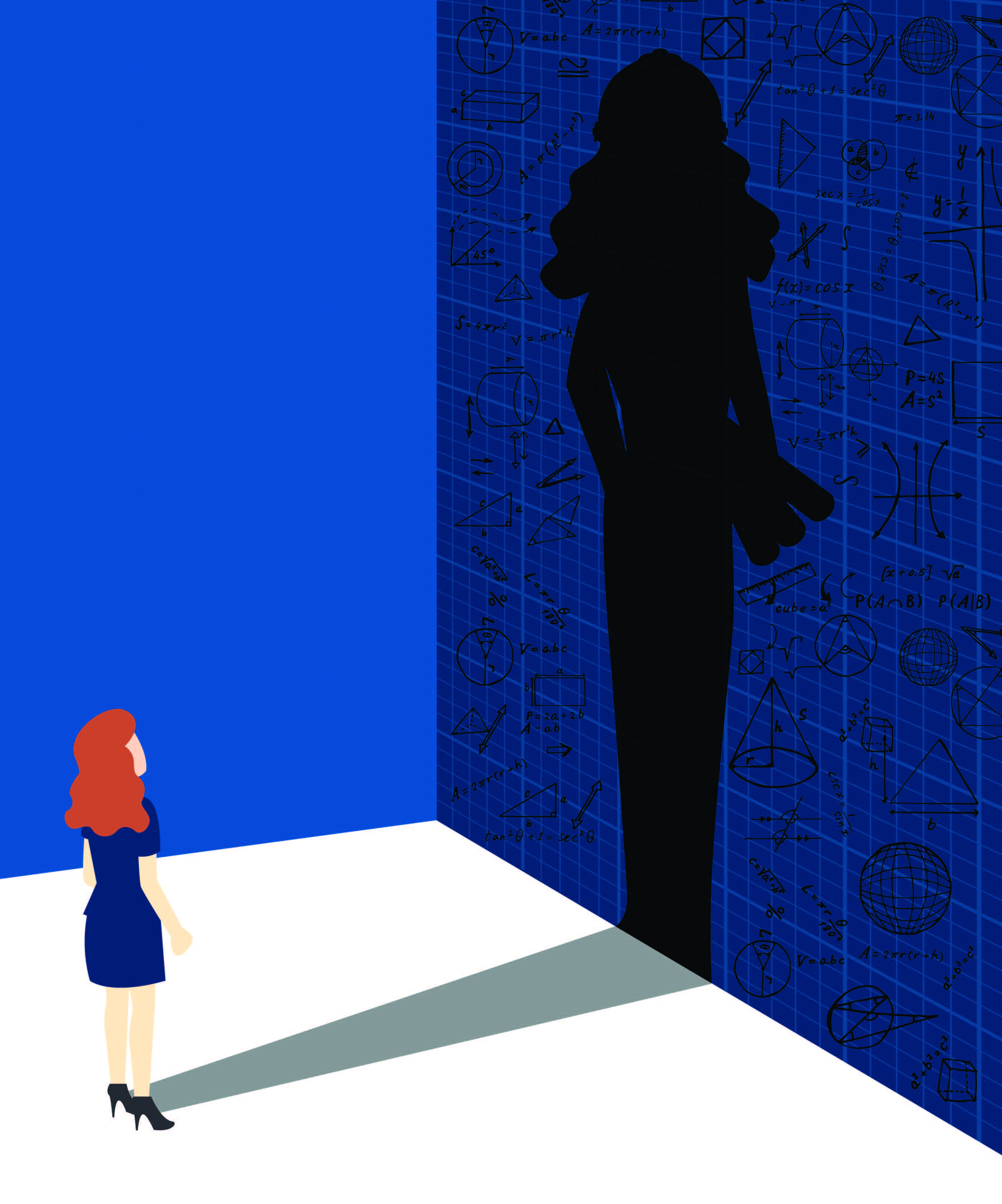 Artwork of woman looking at a shadow larger than herself