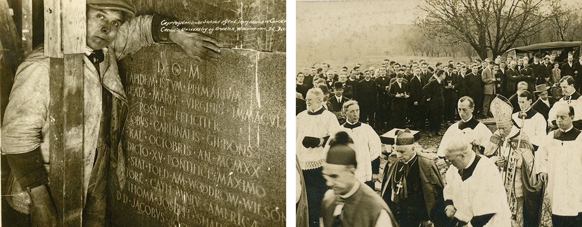 Left photo shows An unidentified laborer poses with the foundation stone on Dec.15, 1923, during the construction of the Crypt Church. Right photo shows Cardinal James Gibbons, archbishop of Baltimore, presided over the ceremony on Sept. 23, 1920.