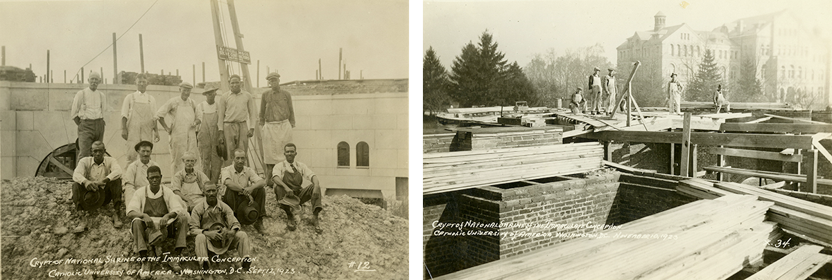 Left photo shows Laborers pose in front of the crypt level on Sept. 12, 1923. Right photo shows Laborers pause their work for a photograph on Nov. 10, 1923. In the background sits McMahon Hall.