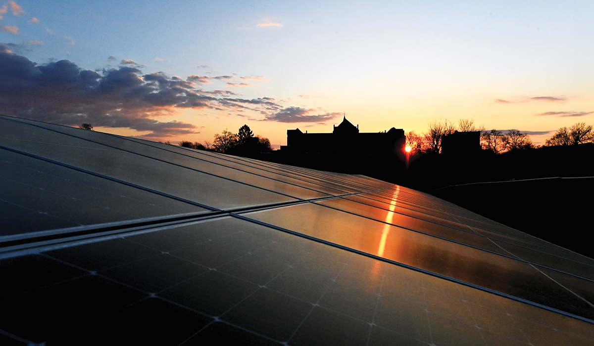 Solar panels at dawn on campus
