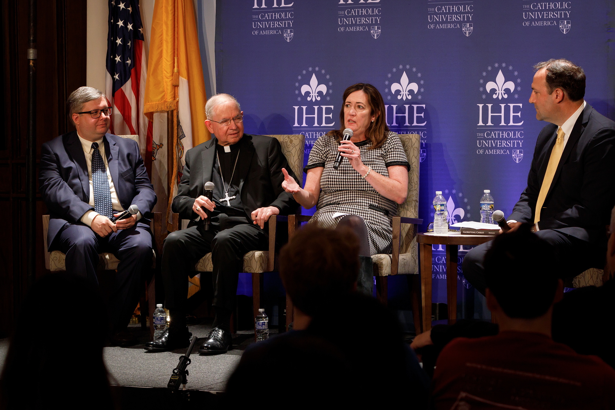 Left to right: Michael Heinlein, B.A. 2008, Archbishop José Gomez of Los Angeles, Mary FioRito, and Stephen White, M.A. 2014, discuss Cardinal Francis George’s legacy.