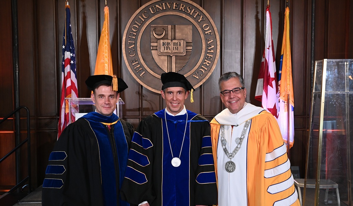 From left to right: Engineering Dean John Judge, Professor Santiago Solares, and University President Peter K. Kilpatrick