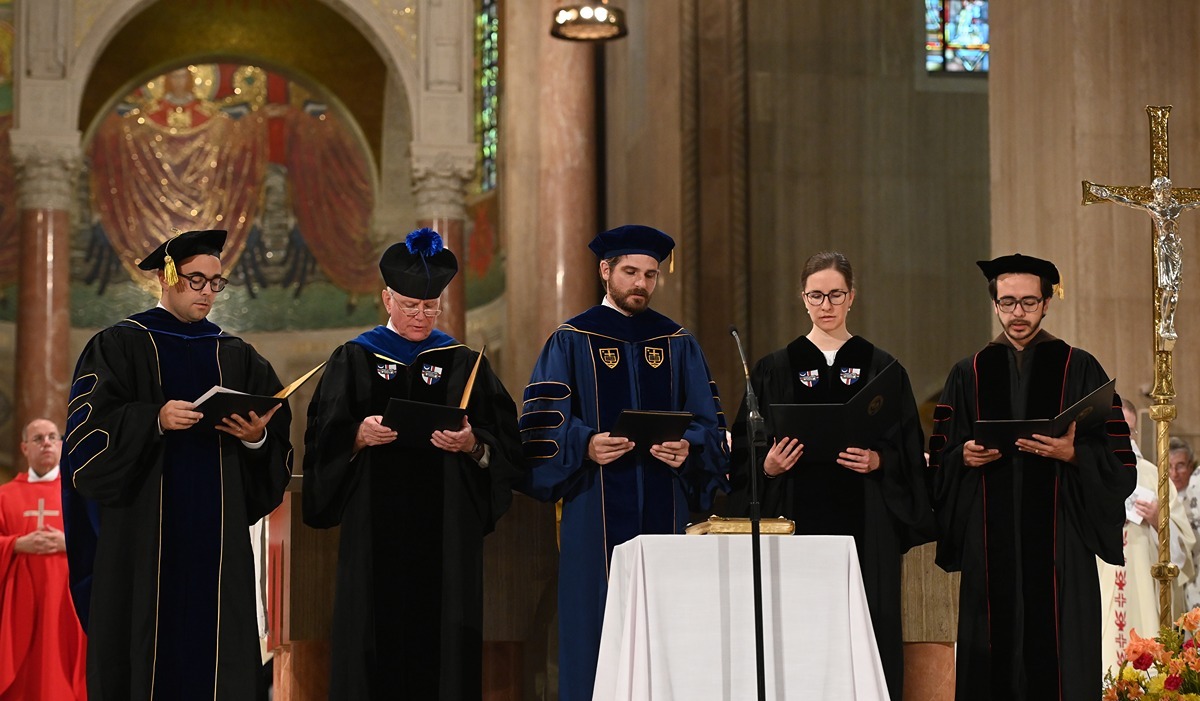 During the Conferral of Canonical Authorization, five faculty were granted the authority to teach on behalf of the Catholic Church. (Catholic University/Patrick G. Ryan)