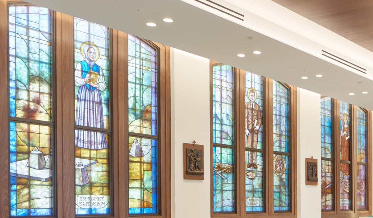 Stained glass windows in Maloney Hall