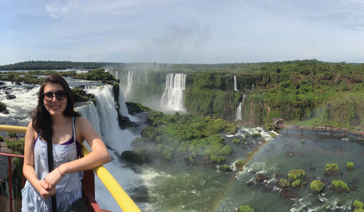 Catholic University student Stela Ishitani Silva overlooking waterfalls
