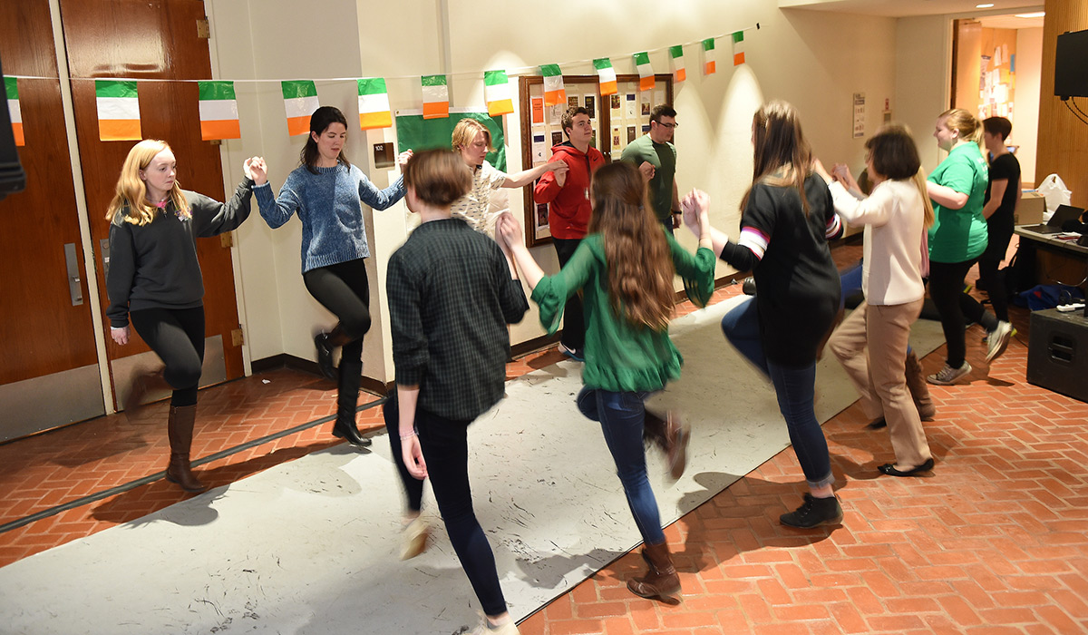Students learning Irish dancing