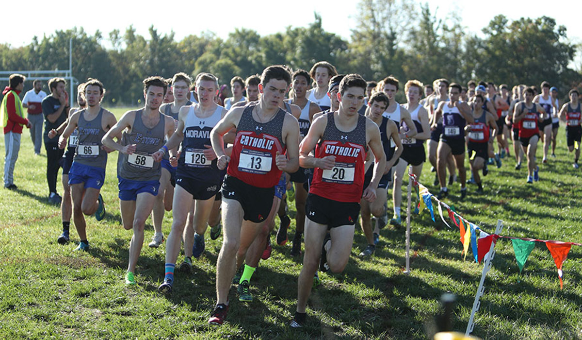 Cross country meet with Catholic University runners in front