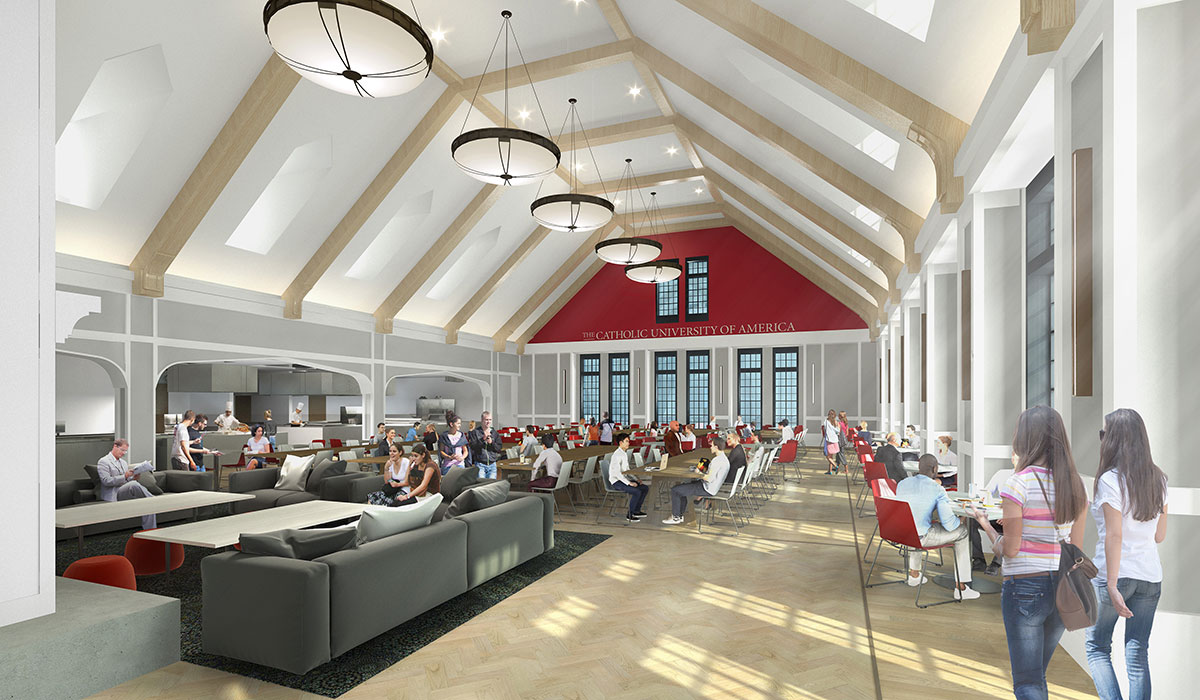 Architectural rendering of interior of dining hall showing students eating 