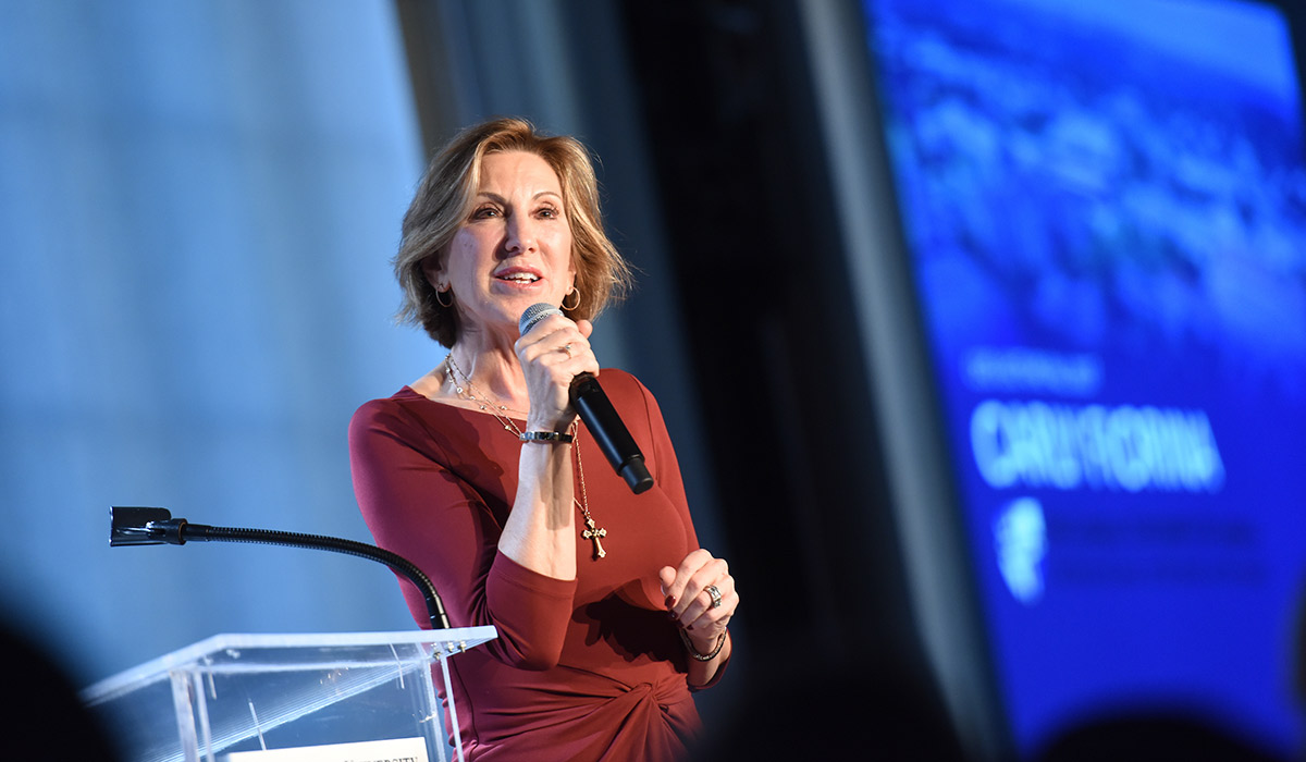 Carly Fiorina speaking at the Catholic University of America in 2017