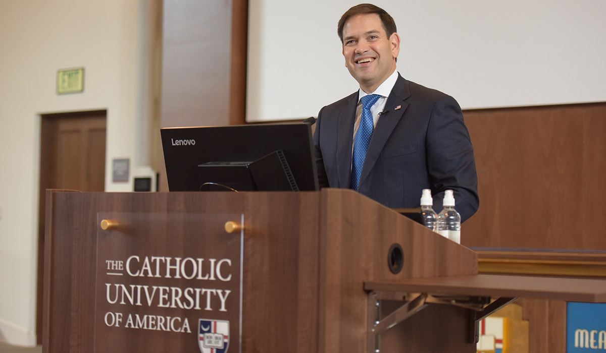 Marco Rubio speaking at the Catholic University of America