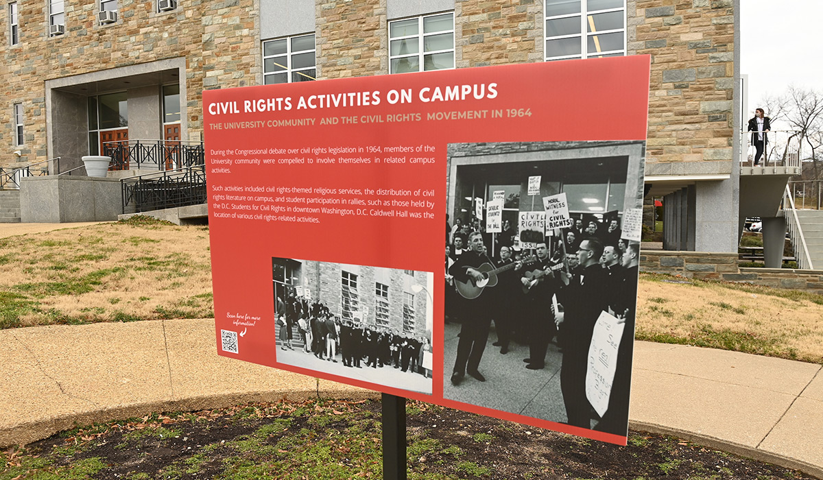 A sign along the Civil Rights Walking Tour of campus