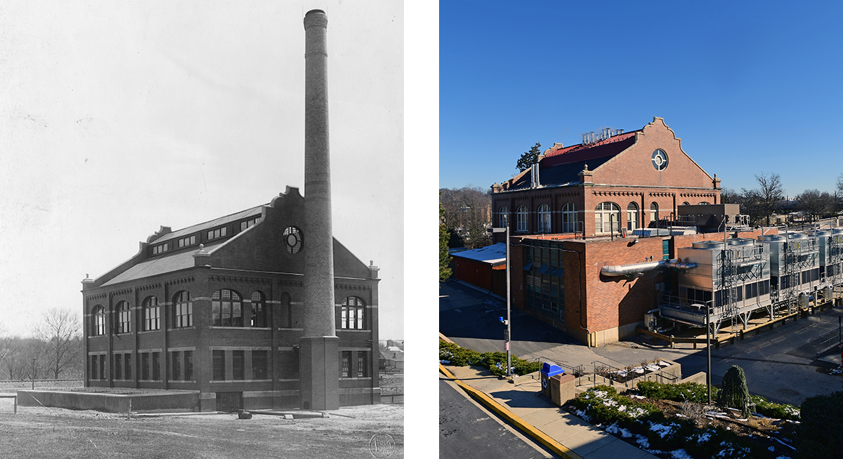 A side-by-side photo of the Power Plant in 1912 and the Power Plant today.